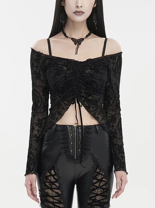 Black Flocked Chest Ruched Adjustable Punk Off-Shoulder T-Shirt
