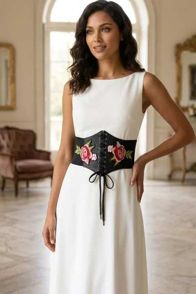 Black Floral Embroidered Lace Up Corset Belt- Arvella