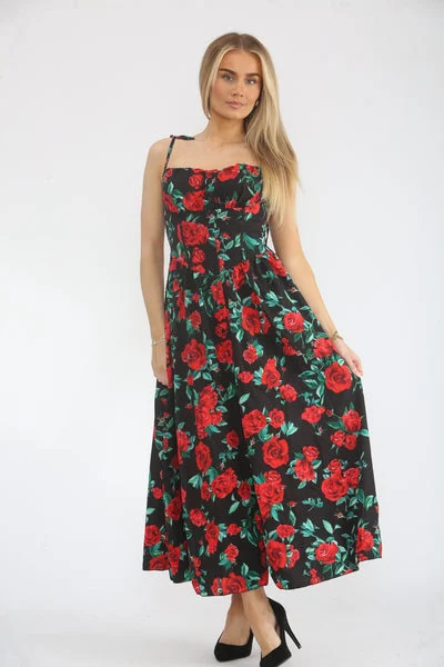 Black Floral Printed Strappy Front Buttons Midi Sundress - Clover