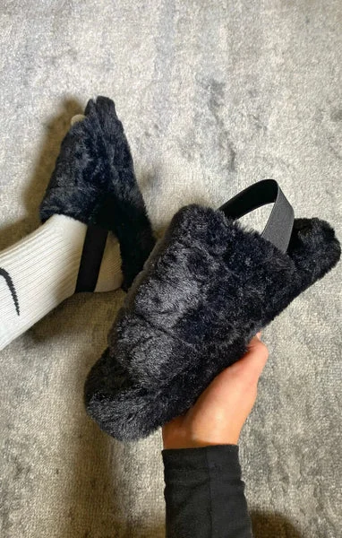 Black Fluffy Faux Fur Elasticated Back Flatform Slippers - Amara