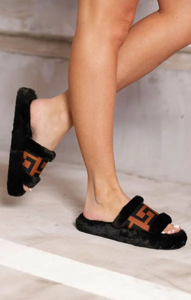 Black Fluffy Faux Fur Geometric Detail Flatform Sliders - Morgana