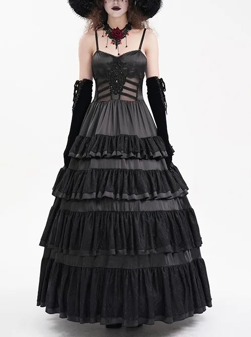 Black Fluffy Sexy Suspenders Pleated Lace Trim Gothic Style Sleeveless Dress