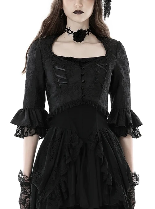 Black Gorgeous Retro Woven Exquisite Round Neck Patchwork Pattern Webbing Gothic Style Long Sleeved Blouses