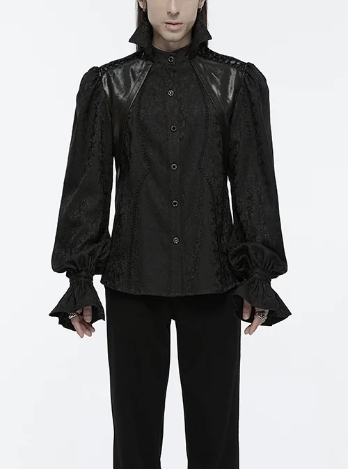 Black Gorgeous Shiny Pattern Woven Shoulder Tie Rope Decoration Gothic Style Stand Collar Puff Sleeve Shirt