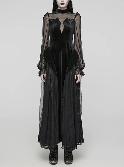 Black Gorgeous Velvet Patchwork Lace Mesh Wave Hem Gothic Style Long Sleeved Dress