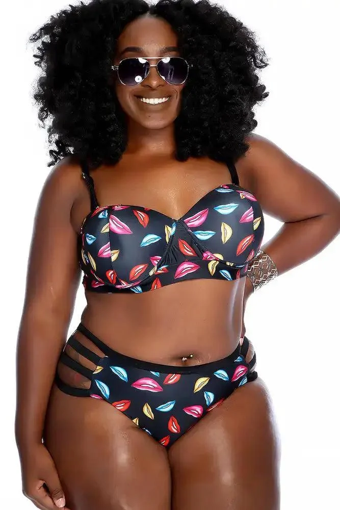 Black Graphic Lip Print Strappy High Waisted Two Piece Swimsuit Plus