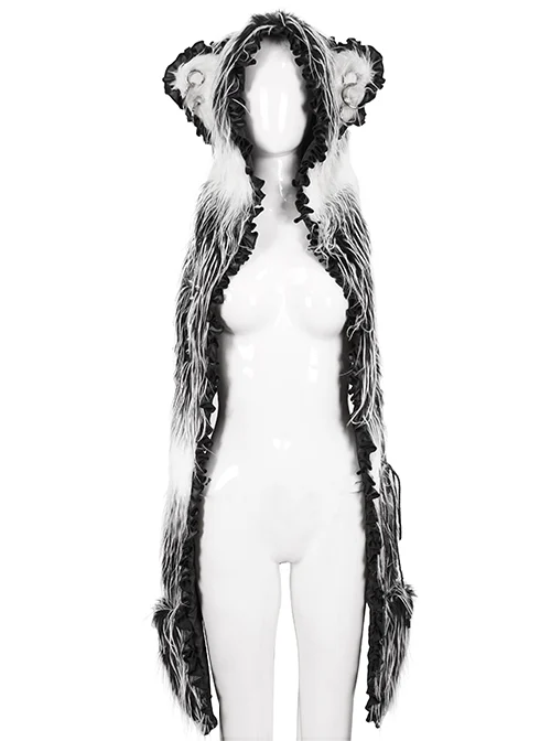 Black And Gray Woven Metal Ring Eyelet Rope Punk Style Long Hair Cat Ear Hooded Scarf