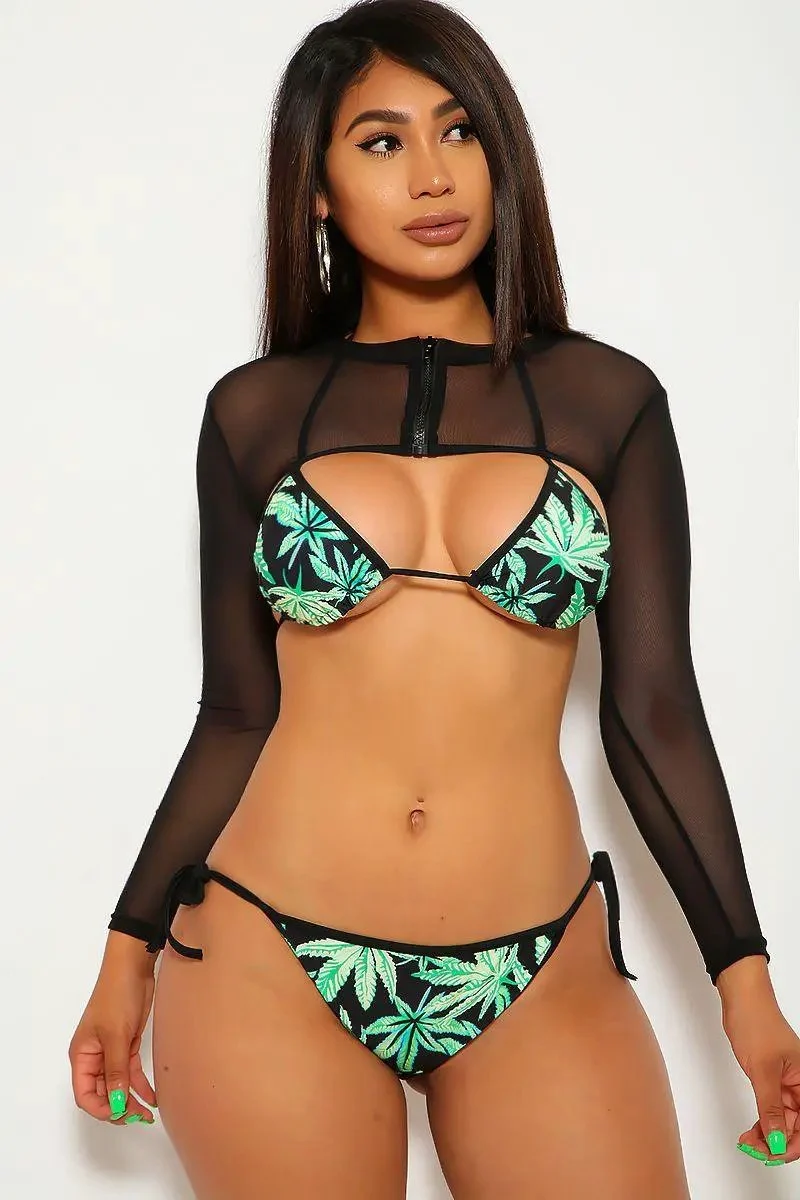 Black Green Leaf Print Mesh Three Piece Swimsuit