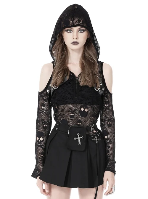 Black Handsome Rock Strapless Hollow Skull Mesh Punk Style Hooded Shirt