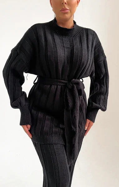 Black High Neck Belted Knit Loungewear Set - Alliyah