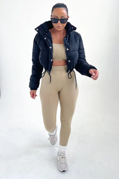 Black High Neck Padded Cropped Puffer Jacket - Khlo