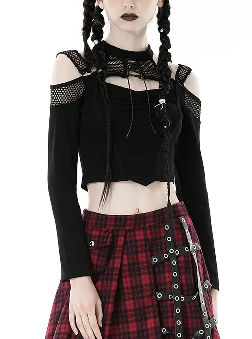Black Hollow Mesh Off Shoulder Lace Up Embellished Punk Style Long Sleeved T-Shirt ​