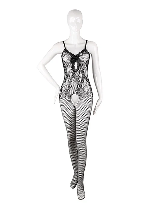 Black Hollow Mesh See-through Deep V Bow Open Crotch Suspender Jumpsuit Body Stockings Plus Size Sexy Lingerie