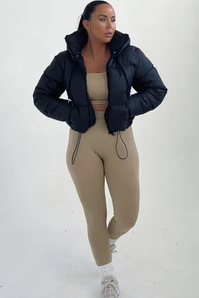 Black Hooded Drawstring Cropped Puffer Jacket - Stacey