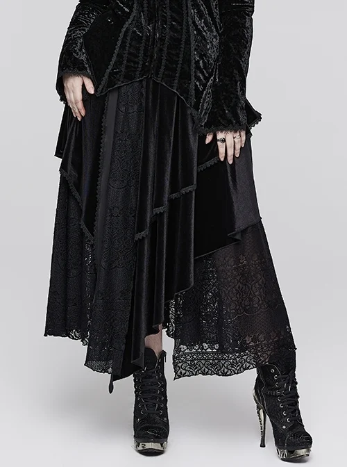 Black Irregular Gathering Velvet Lace Delicate Lace Gothic Layered Skirt