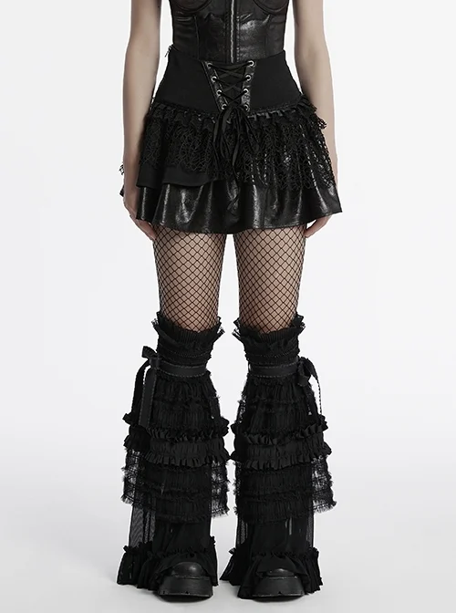 Black Irregular Mesh Lace Splicing Design Waist Drawstring Punk Style Fluffy Cake Skirt