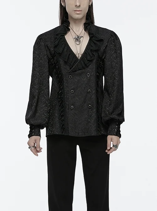 Black Jacquard Chiffon Woven Fabric Elegant Ruffle Collar In The Front Center Exquisite Double Breasted Design Gothic Style Lantern Sleeve Shirt
