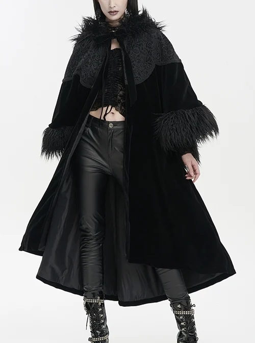 Black Jacquard Fabric Petal Stitching Three-Dimensional Webbing Cape-Like Wide Wool Sleeves Gothic Fur Collar Jacket