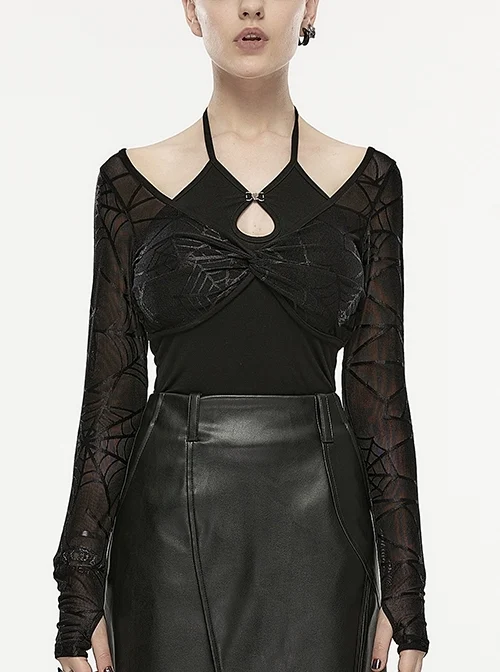 Black Knit Adjustable Halter Neck Hollow Spider Web Two-Piece Set Punk Style Vest And T-Shirt