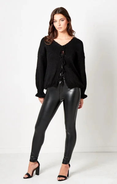 Black Knitted Cardigan With Tie Front- Arta