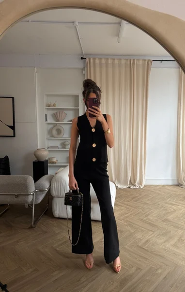 Black Knitted Sleeveless vest With Wide Leg Trouser Co Ord Set - Natalia