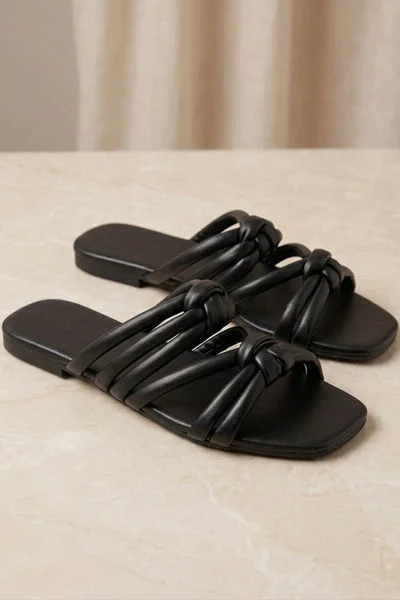 Black Knotted Multi-Strap Flat Slide Sandals - Twinkle