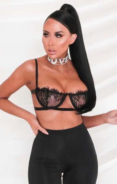 Black Lace Balcony Bra & High Waisted Ring Detail Thong Set - Molly