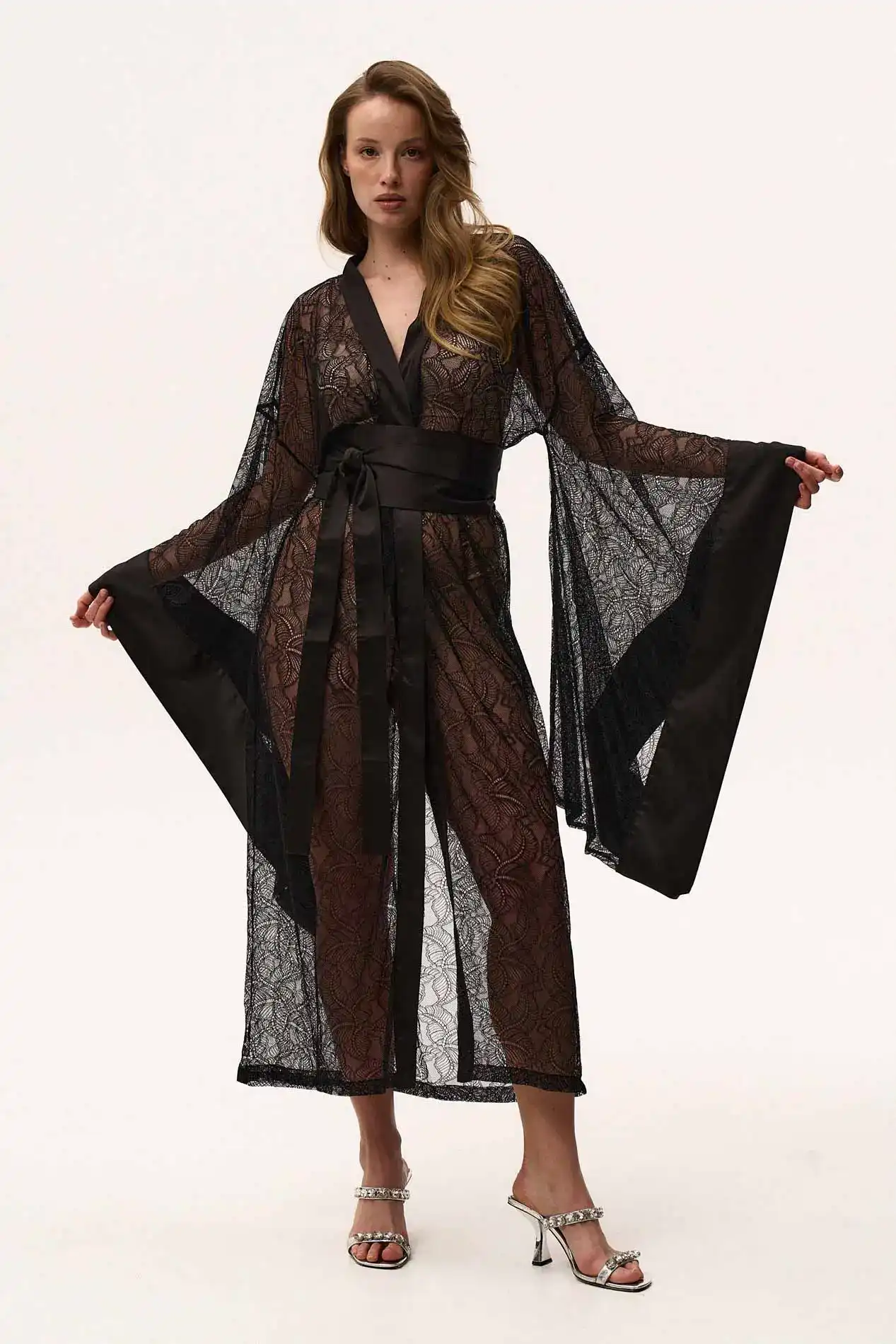 Black Lace Dressing Gown with Long Sheer Detail