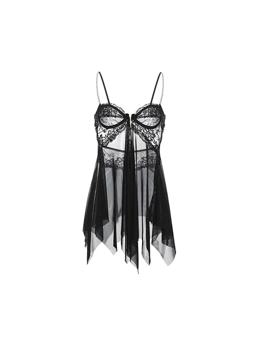 Black Lace Front Opening See-Through Tulle Hem With Underwire Suspender Nightdress Plus Size Sexy Lingerie Set