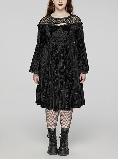 Black Lace Mesh Patchwork Velvet Rose Embossed Chest Embroidery Patch With Flared Sleeves Gothic Style Long Sleeved Dress