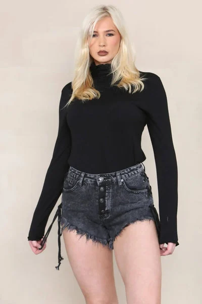 Black Lace Up Side Denim Frayed Shorts - Leontina