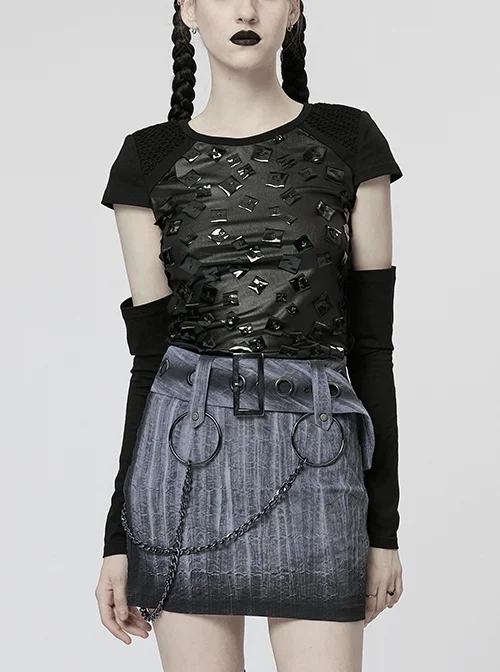 Black Laminated Paneled Stretch-Knit Punk-Inspired Detachable Sleeve T-Shirt