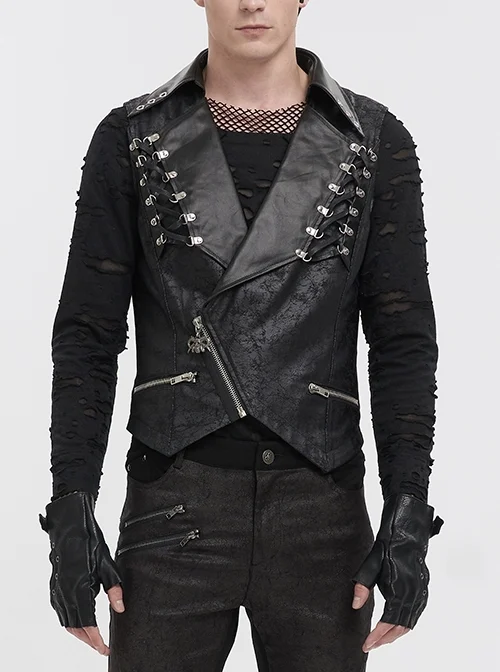 Black Lapel Fitted Atomized Crack Front Chest Crossover Rope Punk Fashion Vest