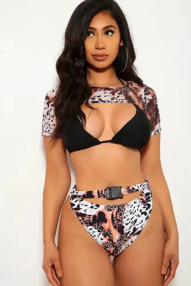 Black Leopard Print Belted Two Piece Swimsuit
