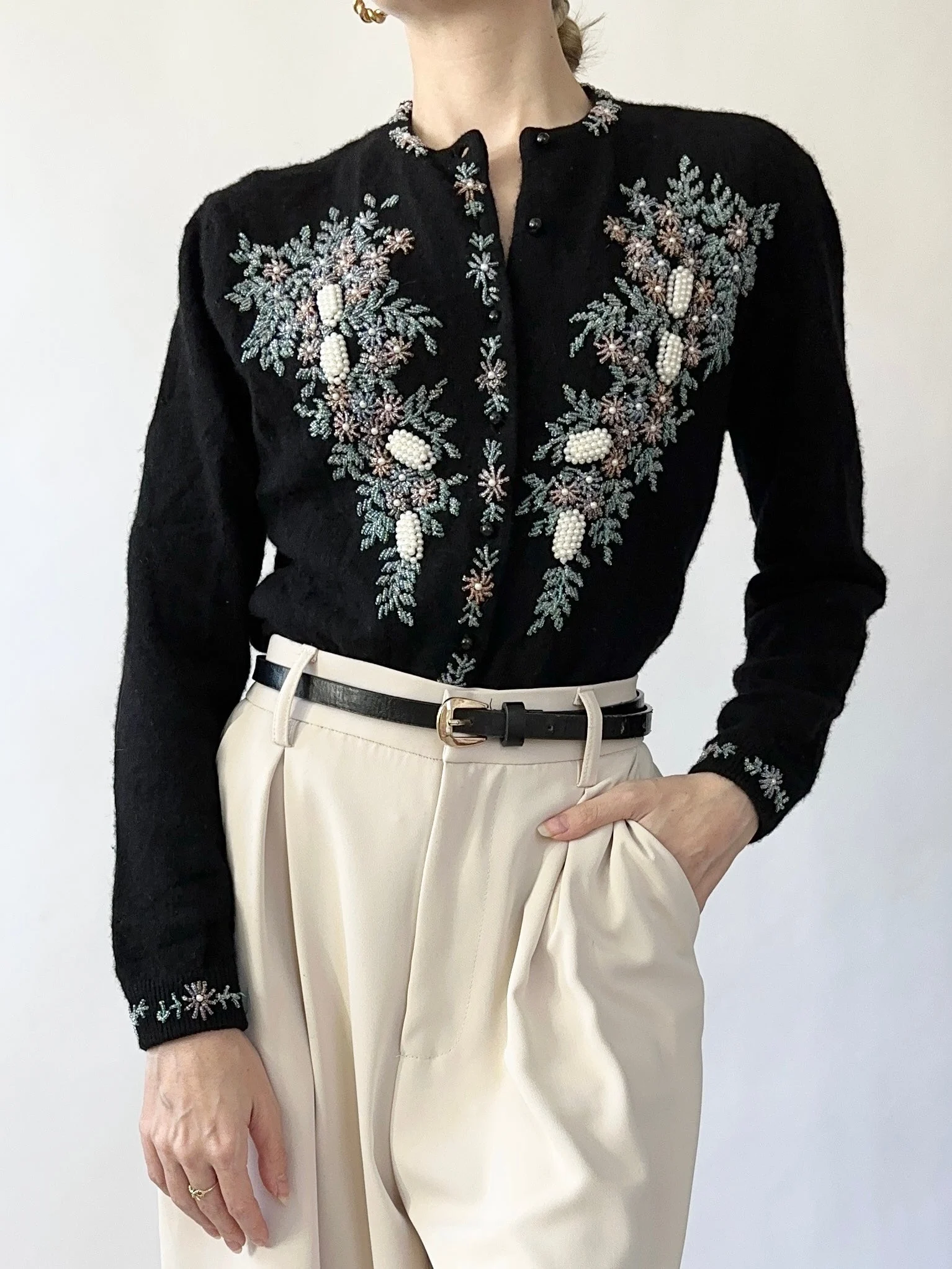 Black Light Bright 1950s Beaded Cardigan (S)