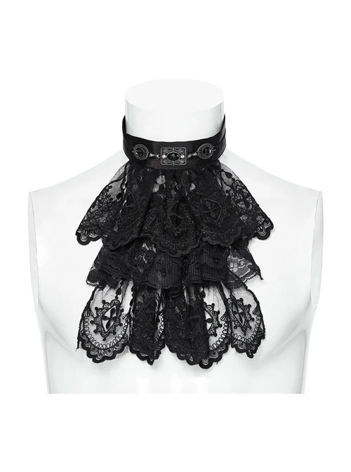 Black Light Embroidery Mesh Splicing Shiny Woven Front Center Retro Diamond Carved Design Gothic Style Gorgeous Collar