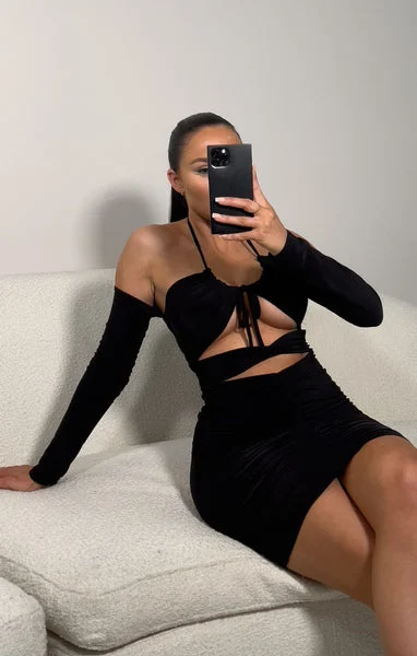 Black Long Sleeve Cut Out Mini Dress - Louisa