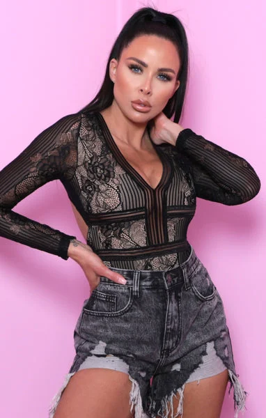 Black Long Sleeve Lace Plunge Bodysuit - Imani
