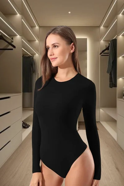 Black Long Sleeve Round Neck Slinky Bodysuit - Layla