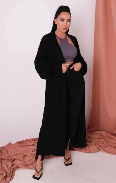 Black Longline Rib Knitted Balloon Sleeve Pocket Detail Maxi Cardigan - Thea
