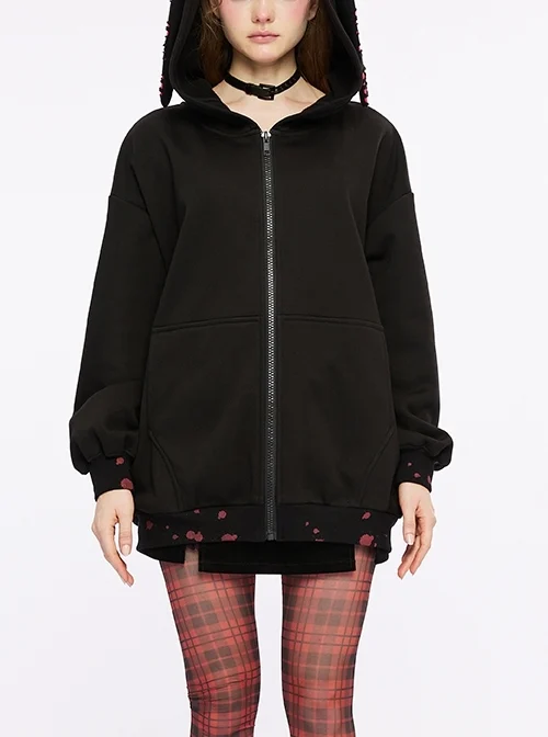 Black Loose Long Rabbit Hat Back Letter Print Gothic Mid-Length Coat