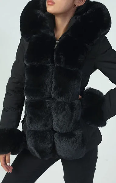 Black Luxury Belted Padded Faux Fur Detail Jacket - Clara