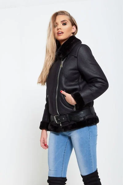 Black Luxury Plush Faux Fur Oversized Aviator Jacket - Skylar