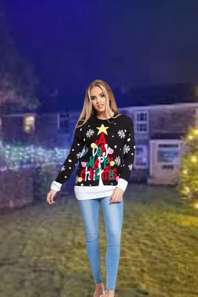 Black Merry Christmas Reindeer Knitted Jumper - Perla