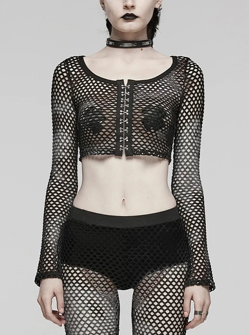 Black Mesh Stitching Knitted Chest Hook Decoration Punk Style See Through Long Sleeved T-Shirt