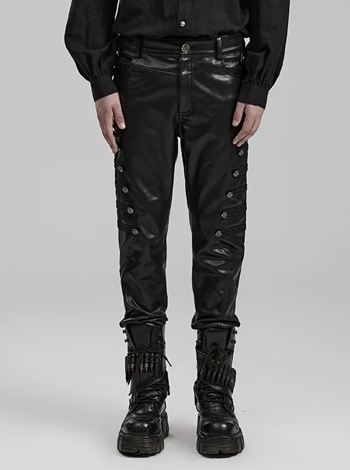 Black Micro-Stretch Textured Leather With Metal Buckles On Both Sides Embellished With Punk Style Men's PU Leather Pants