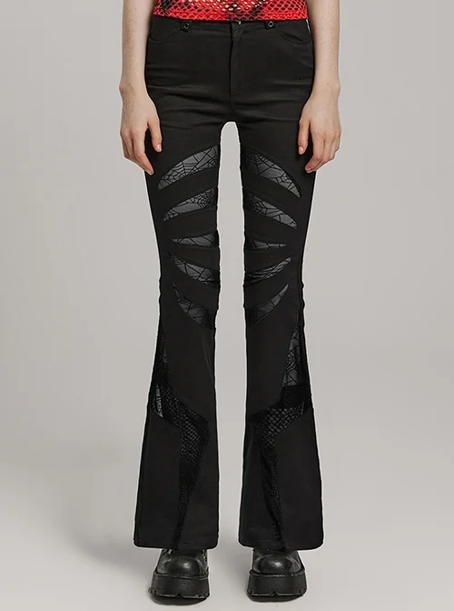 Black Micro Stretch Twill Woven Spiderweb Claw Gothic Flared Pants