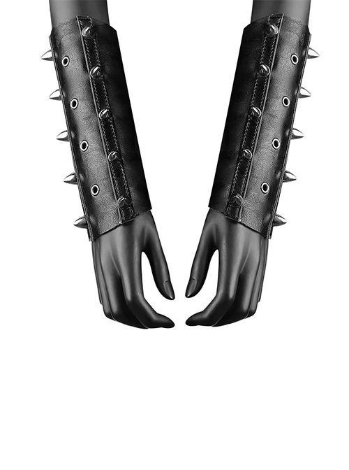 Black Mid-Century Character Cord Stud Punk Style PU Leather Wrist Guard