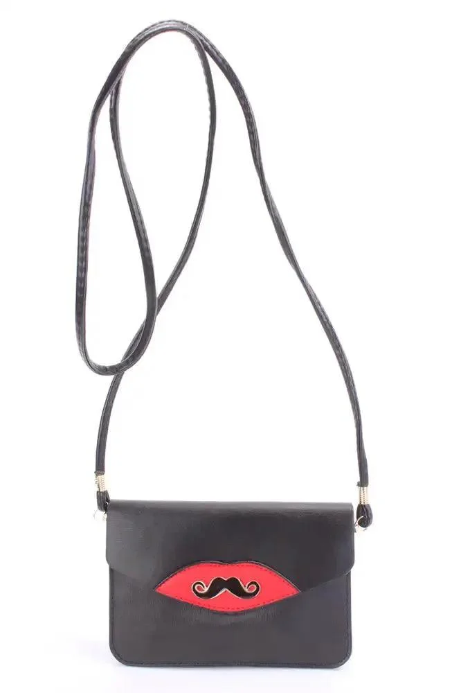Black Mustache Pendant Faux Leather Clutch