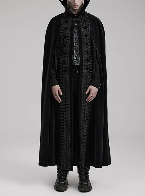 Black Non Elastic Thick Imitation Cashmere Bat Stand Collar Paired With Exquisite Buttoned Gothic Style Noble Long Cape